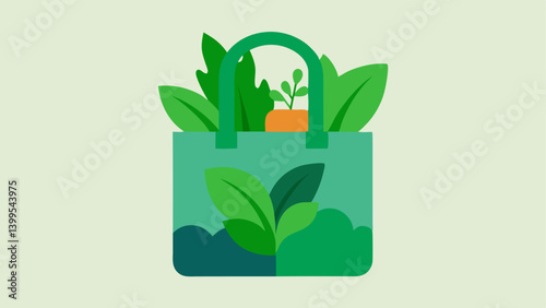 Shopping Bag with Leaves A reusable shopping bag filled with vibrant green leaves and plants symbolizing ecofriendly shopping.