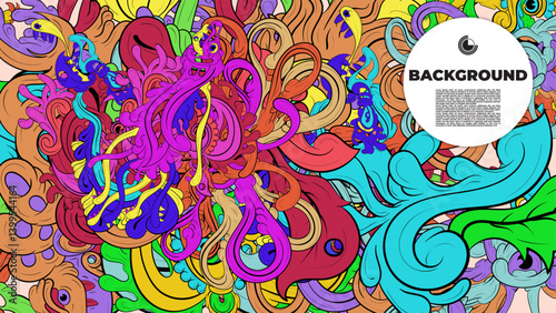Playful Cartoon Monster Character with Tentacles, Eyes, Feathers, and Leaves – Fun Fantasy Wallpaper Design