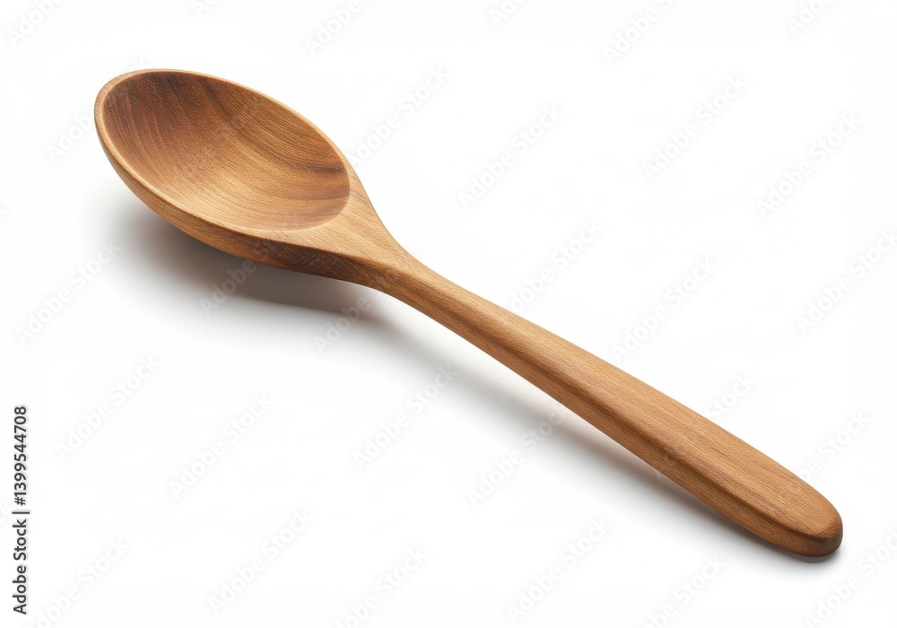 A single wooden spoon lying diagonally on a white surface with a slightly blurred background view here now A single wooden spoon lying diagonally on a white surface with a slightly blurred background view here now