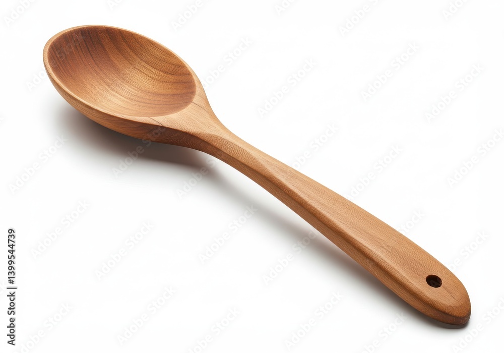 A single wooden spoon with a hole at the end of the handle isolated on a white background surface view