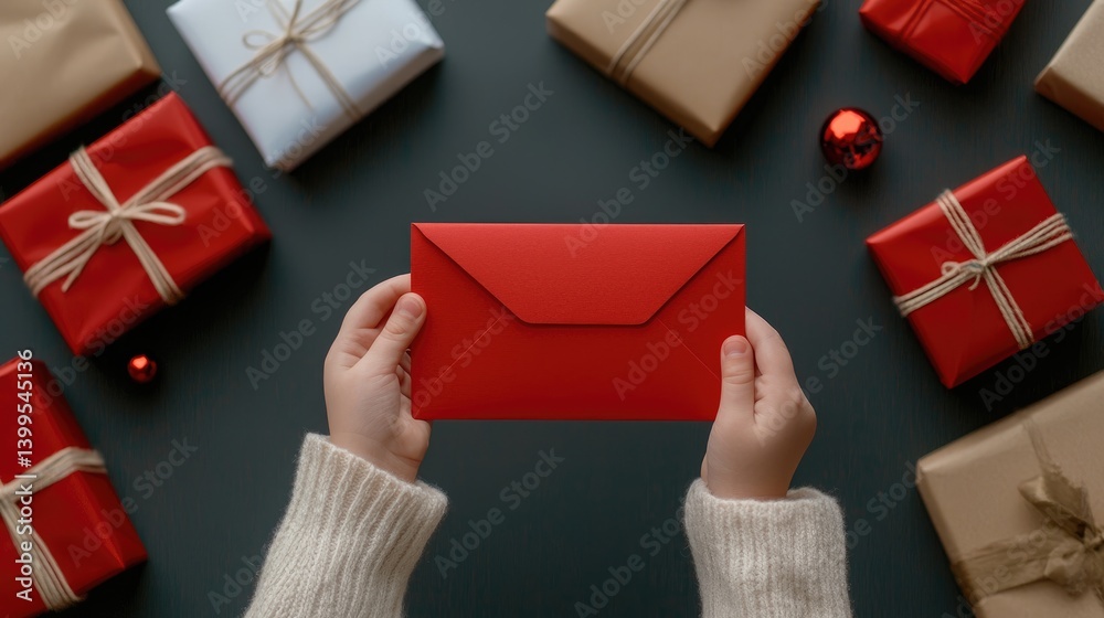 Festive Envelope Held by Hands Surrounded by Colorful Gift Boxes Festive Envelope Held by Hands Surrounded by Colorful Gift Boxes