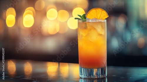 Refreshing layered cocktail with orange slice and mint garnish against a backdrop of soft glowing lights capturing a vibrant and inviting ambiance