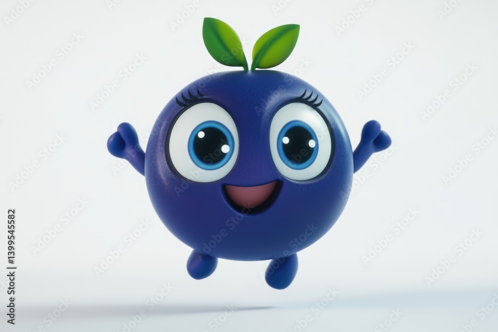Fototapeta premium A joyful, 3D-rendered blueberry character with big eyes and a happy expression is shown jumping.
