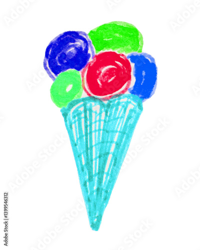 Waffle blue ice cream cone with multicolored balls on a white background, cute children's drawing with a felt-tip pen