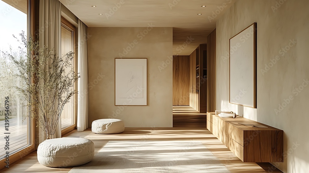 Warm Natural Light in Minimalist Interior: Serene Hallway with Wooden Accents, Art, and Comfortable Seating.