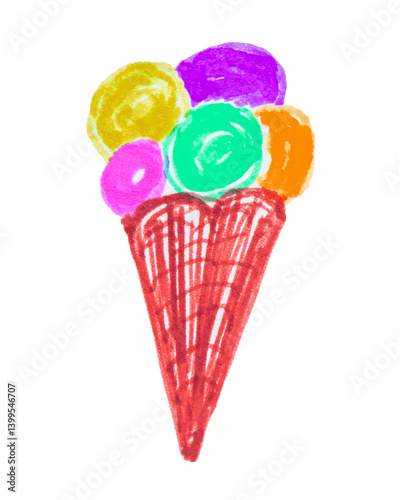 Ice cream waffle cone with multicolored balls on a white background, cute children's drawing with a felt-tip pen