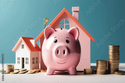 Piggy bank and coins near a house. Savings on home bills, energy saving technologies. Save money to buy a new house. Maintenance, property improvement. Real estate market. Mortgage loan