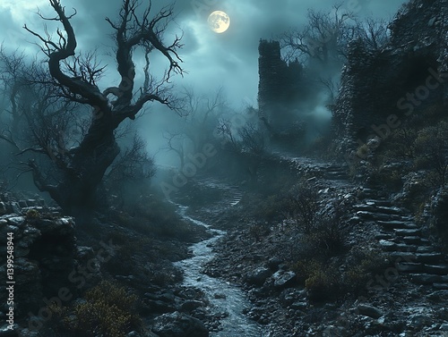 Mystical Moonlight Ruins: An evocative scene unfolds as a luminous full moon casts an ethereal glow upon ancient ruins in a haunting landscape. Embracing the mysterious, dramatic and mystical.