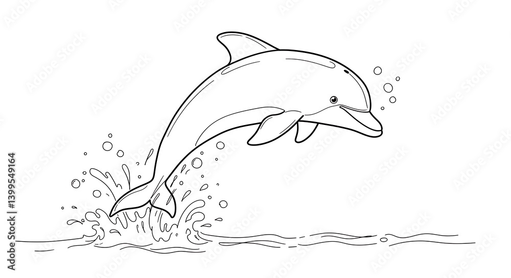 Fototapeta premium Jumping Dolphin Outline Illustration in Water with Bubbles and Splashes