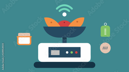 Intelligent Kitchen Scale A sleek kitchen scale that connects to a recipe app with visible icons of foods measurement units and nutritional information.