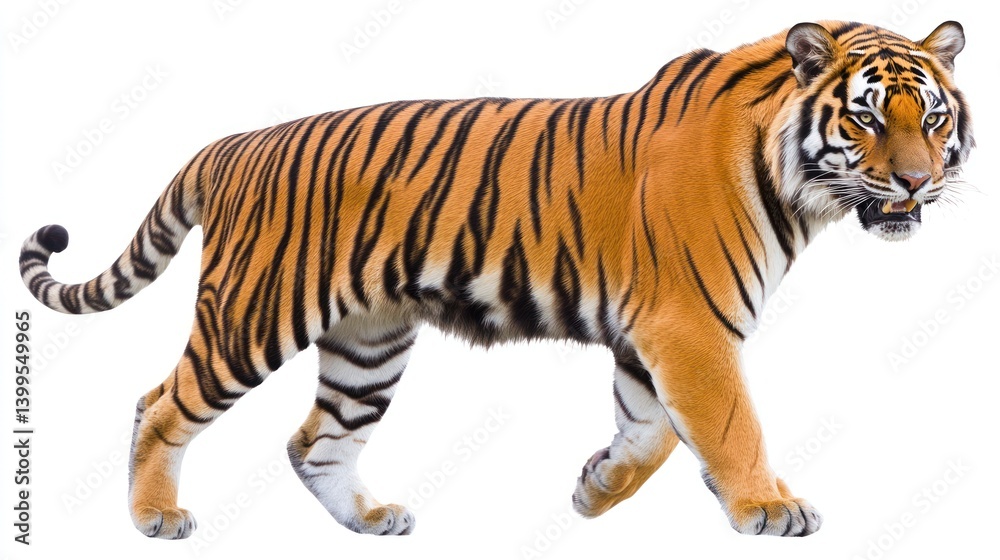 Obraz premium Tiger Walking Isolated White Background; Wildlife; Animal Portrait; Photo Use