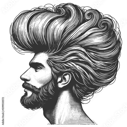 gentleman with an incredibly large, curly hairstyle, blending humor, surrealism, and vintage artistic style sketch engraving generative ai vector illustration. Scratch board. Black and white image.