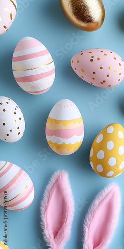 Colorful Easter Eggs and Bunny Ears on Soft Blue Background,Festive Easter Eggs and Bunny Ears on a Soft Pastel Background,Easter bunny ears and colorful eggs top view,colorful Easter eggs and bunny