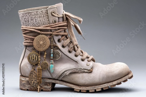A mystic oracle boot with dangling charms and floating prophecy glyphs