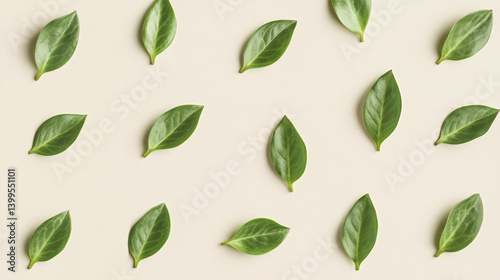 Fresh Green Leaves Pattern on Cream Background Minimalist Botanical Stock Image