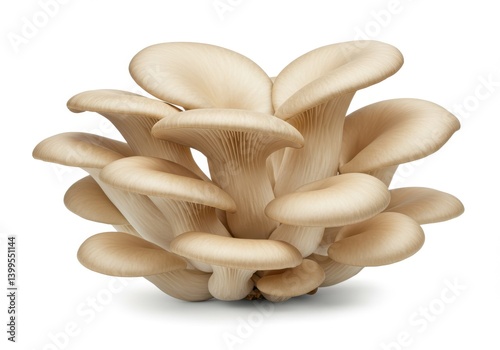 A cluster of oyster mushrooms showing their caps and gills on a plain white background close up view