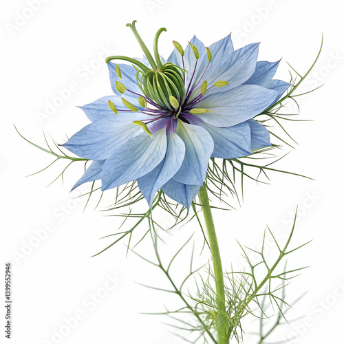Love-in-a-Mist 3D rendered flower vividly isolated on a white background with unique textures and delicate petals
 photo