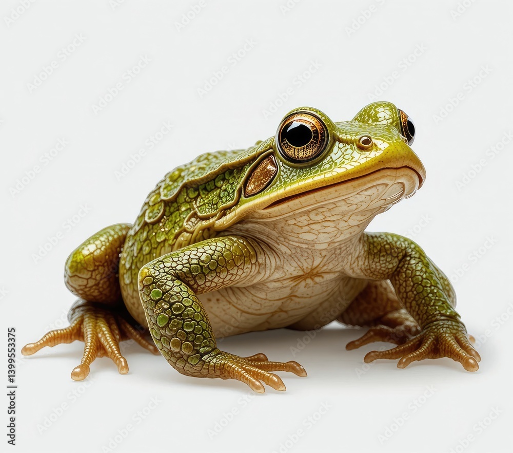 Obraz premium Green Frog Sitting Still on White Background with Intricate Details
