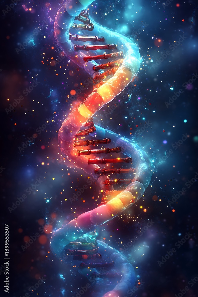 Obraz premium DNA Helix in Cosmic Dance: The double helix of DNA, illuminated with vibrant colors and intricate details, spirals gracefully against a backdrop of sparkling cosmic dust and nebulae.