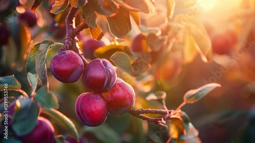 Ripe plums on a branch in an orchard at sunset