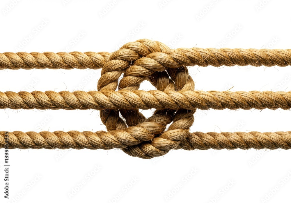 A close up of three strands of rope with a complex knot in the center against a white background A close up of three strands of rope with a complex knot in the center against a white background