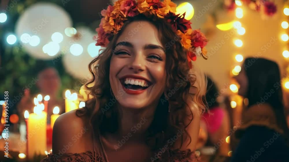 Young woman laughing at a party with a flower crown and festive lights a joyful celebration and friendship background 4K Young woman laughing at a party with a flower crown and festive lights a joyful celebration and friendship background 4K