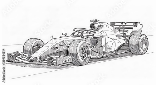 Formula One Car Drawing Illustration on White Background Racing Design