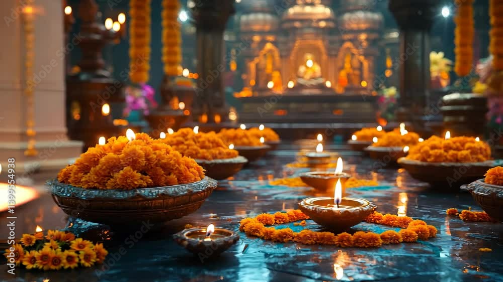 Diwali celebration with oil lamps and marigold flowers a traditional Indian festival of lights background for religious and cultural events 4K