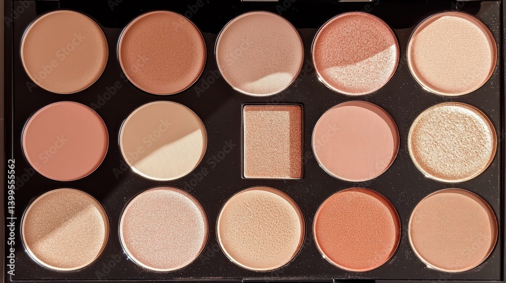 Makeup palette with various shades of peachy-beige eyeshadows Makeup palette with various shades of peachy-beige eyeshadows