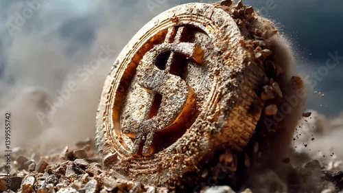 Crumbling Golden Dollar Sign In Explosive Dust, Symbolizing Economic Collapse