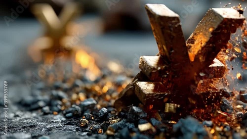 Cracked Golden Yen or Yuan Sign Disintegrating With Sparks, Symbol Of Economic Decline