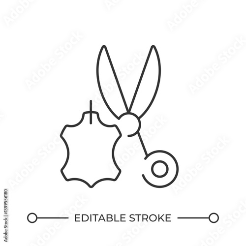 Leather piece and scissors line icon. Tailor workshop making dresses of cowhide materials. Sewing atelier. Isolated vector illustration. Outline symbol. Simple linear drawing. Editable stroke