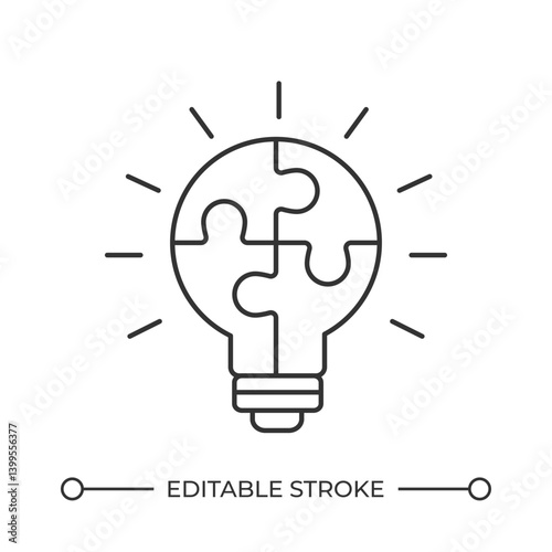 Innovative tasks solutions line icon. Lightbulb with jigsaw puzzle glowing. Insight sharing. Alternative ideas. Isolated vector illustration. Outline symbol. Simple linear drawing. Editable stroke