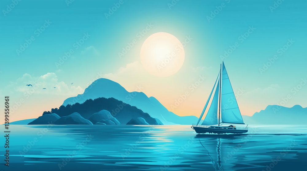 Fototapeta premium Sailboat on Calm Ocean with Clouds