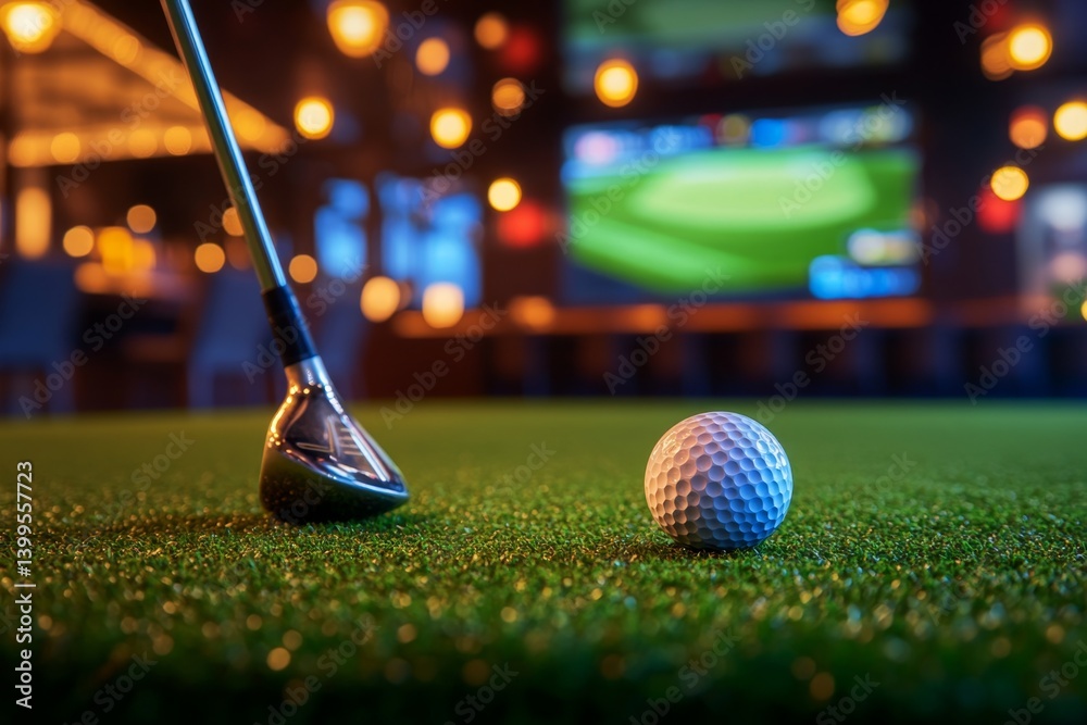 Obraz premium Golf club and ball on putting green, indoor sports bar