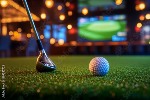 Golf club and ball on putting green, indoor sports bar