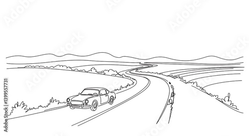 Car Driving on Winding Road Through Landscape Single Line Drawing
