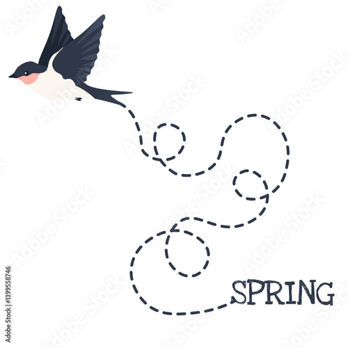 Spring vector illustration. Flat Swallow with dotted line and Spring text. Perfect Springtime theme for t-shirt print copybook card postcard cover template design. EPS 10