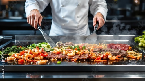 Cooking surface with stainless steel griddle featuring Japanese teppanyaki preparation with seared shrimp, sliced beef and colorful vegetables arranged precisely photo