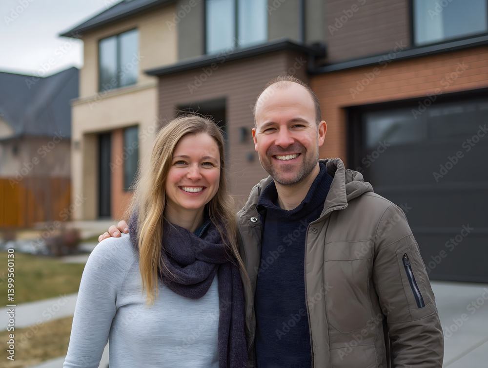 Smiling Couple Celebrating New Beginnings in Modern Urban Front Yard: A Joyful Lifestyle Portrait for Real Estate and Homeownership Dreams