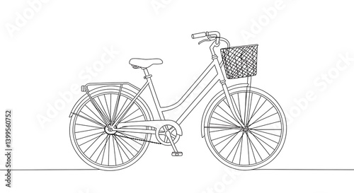 Retro Bicycle Illustration with Basket Line Art on White Background