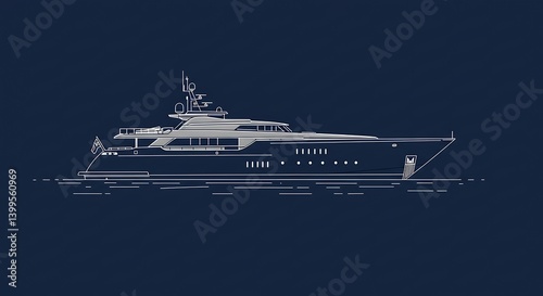 Yacht Minimalist Line Drawing on Blue Background for Nautical Design