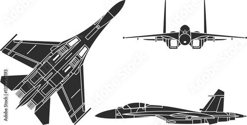 Set of icons of the Su-27 aircraft isolated in black, icons of the combat aircraft top, front and side view