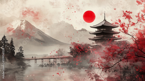 Japanese Pagoda by Lake with Red Sun and Mountain