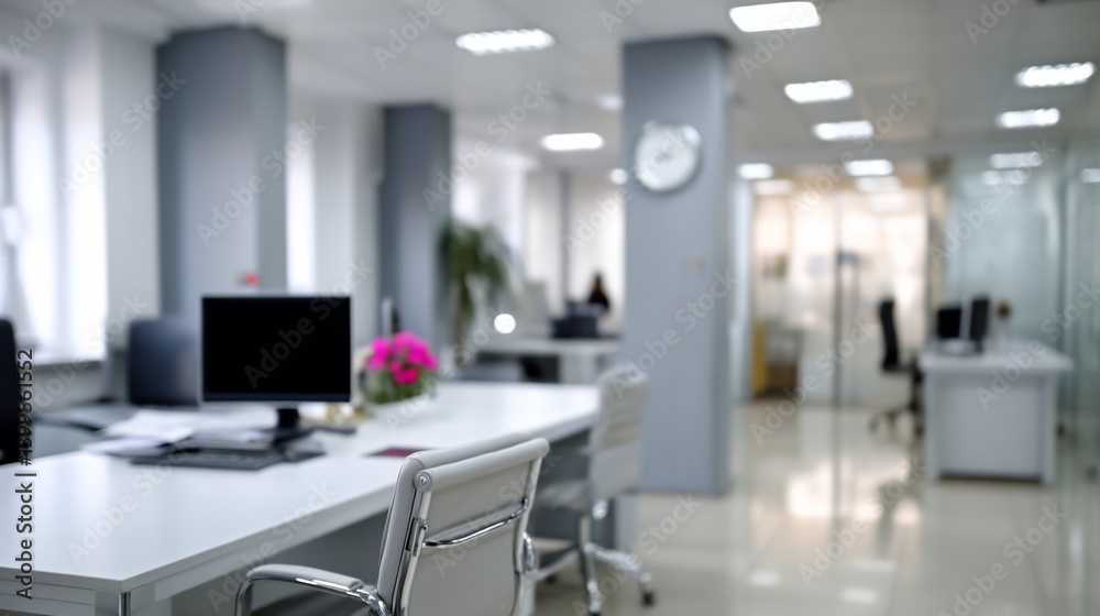 Blurred open office space, filled with desks and natural light, professional Blurred open office space, filled with desks and natural light, professional