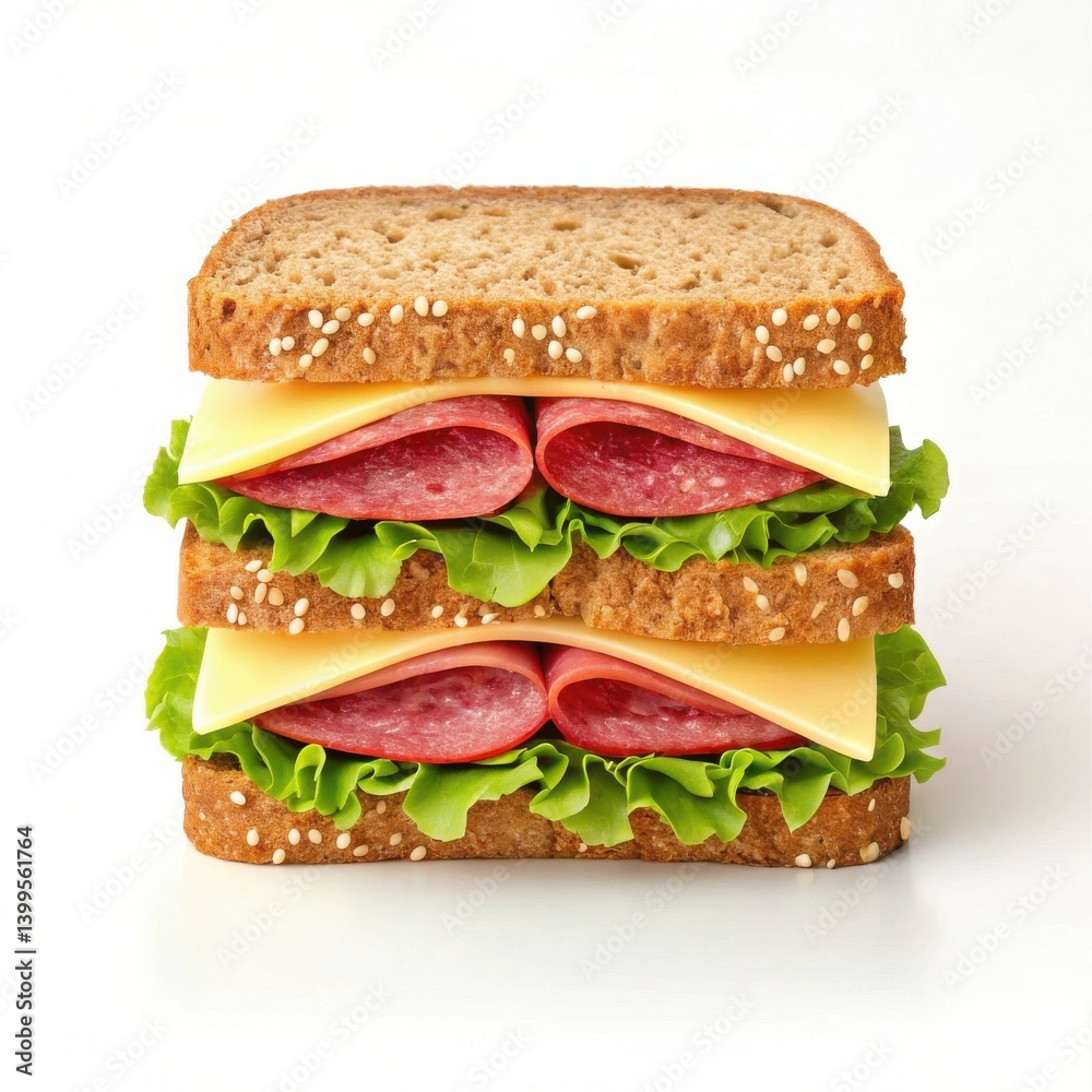 Delicious salami cheese sandwich layered with lettuce on whole wheat