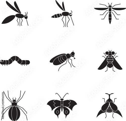Insect Silhouettes Collection - A Diverse Array of Black Insect Designs Featuring Mosquitoes, Flies, Caterpillars, Moths, and More Perfect for Illustrations, Logos, and Educational Projects.
