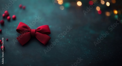 A vibrant red bow is positioned on a dark surface, accompanied by small red beads and soft glowing lights, creating a festive atmosphere