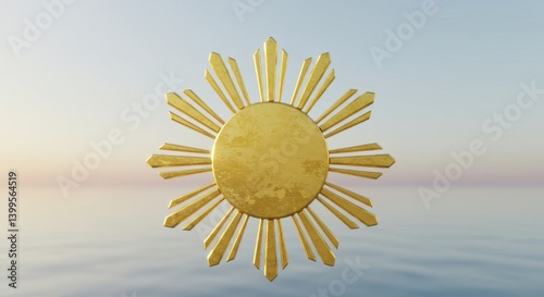 Golden Sun Symbol over Serene Waters: A Digital 3D Render of the Philippine Sun