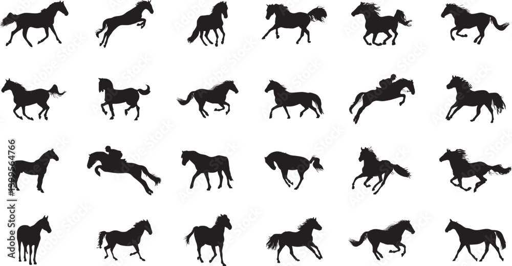 Fototapeta premium Horse Silhouettes Collection - A Dynamic Range of Black Horse Designs Perfect for Illustrations, Logos, and Equestrian Projects Featuring Various Poses and Movements for Horse Lovers.